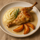 Lapin mijoté au coing, miel et épices douces avec purée de panais à la vanille Plat du jour : lapin mijoté au bouillon infusé au coing, miel et épices douces, servi avec une purée de panais à la vanille, fait maison et livré chaud